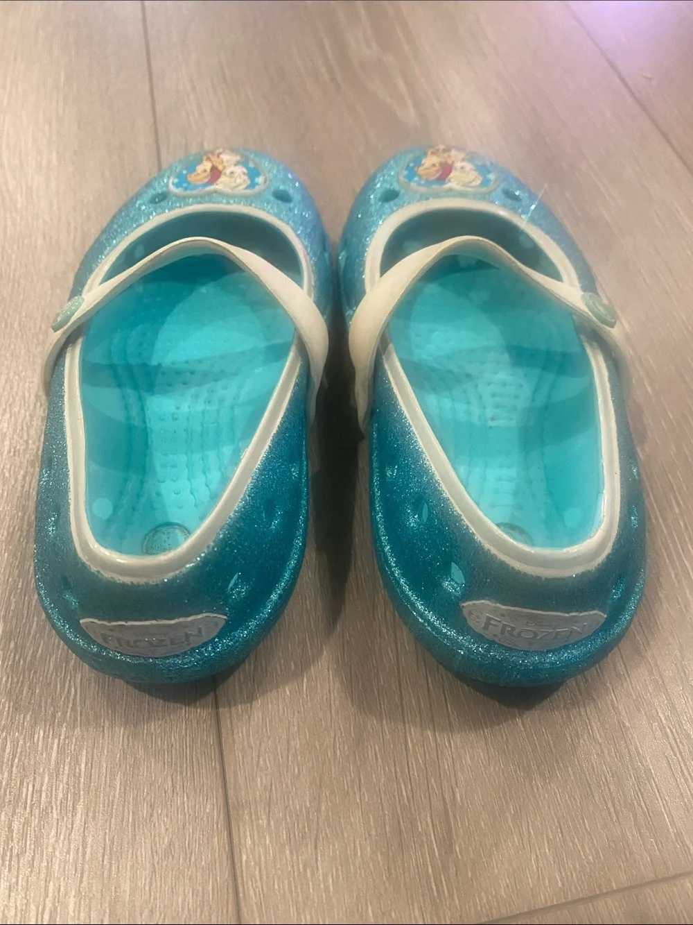 CROCS Kids Glitter Teal Blue Mary Jane Shoes with Frozen Heart Charms
